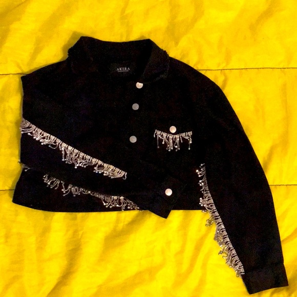 AKIRA Jackets & Coats Black Jean Jacket With Rhinestone Fringes